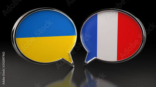 Ukraine and France flags with Speech Bubbles. 3D illustration