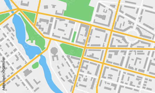 City map with streets, roads, parks and river. Gps and navigation concept. Town plan. Vector illustration.