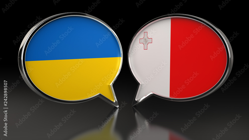 Ukraine and Malta flags with Speech Bubbles. 3D illustration Ukraine and Malta flags with Speech Bubbles. 3D illustration