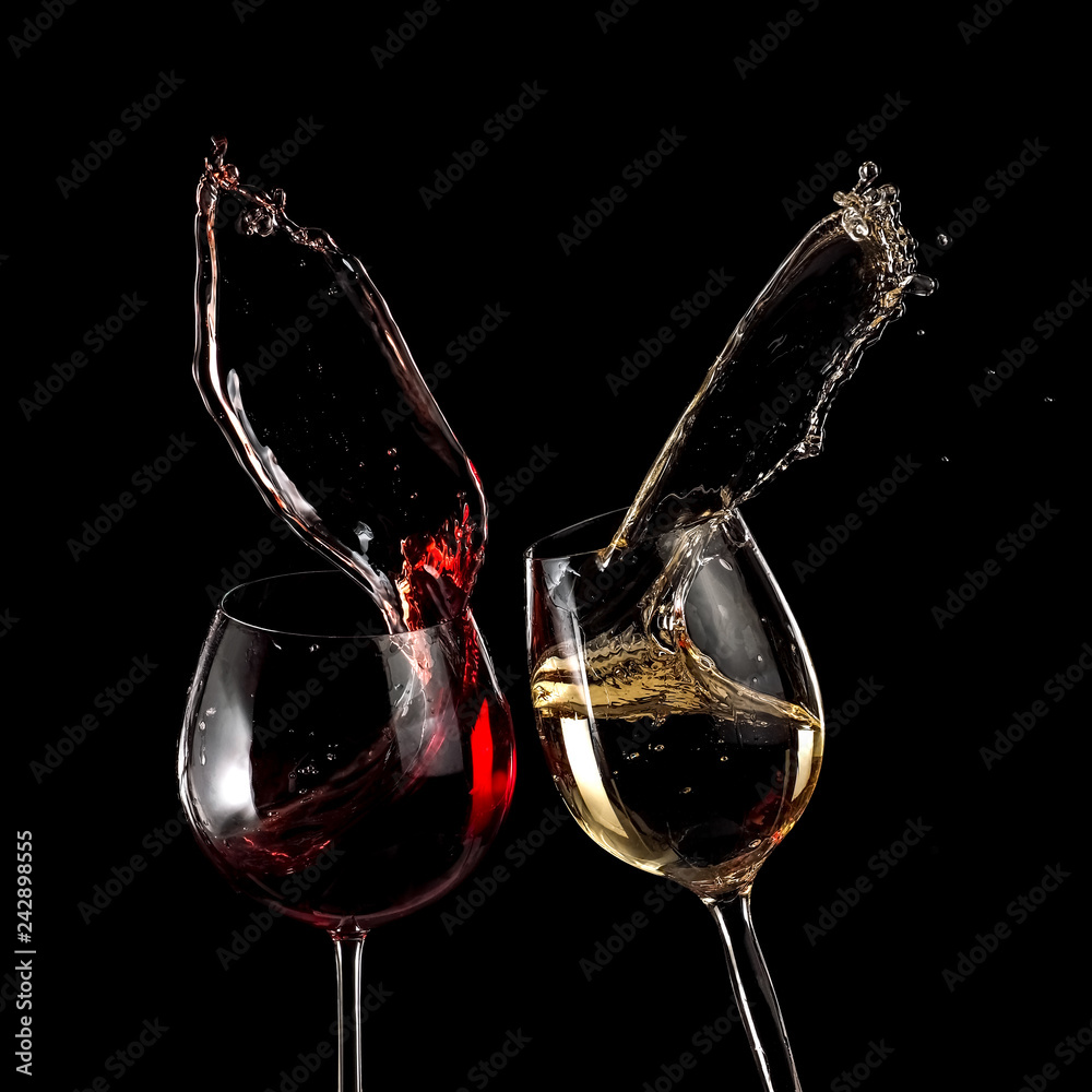 Red and white wine glasses up on black background Stock Photo | Adobe Stock