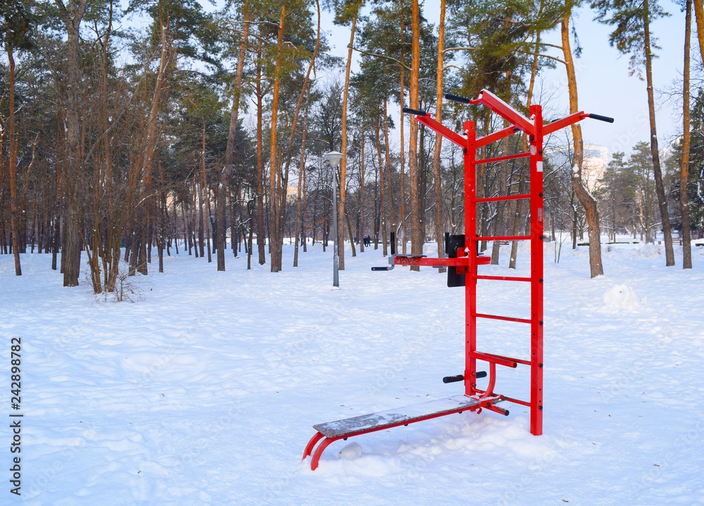 View of the sports ladder and horizontal bar in the winter Park. View of the sports ladder and horizontal bar in the winter Park.
