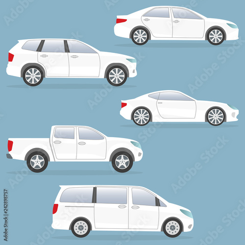 Fototapeta Naklejka Na Ścianę i Meble -  Car or vehicle set. Side view. Different type of cars: sedan, suv, van, pickup, coupe. Vector illustration.