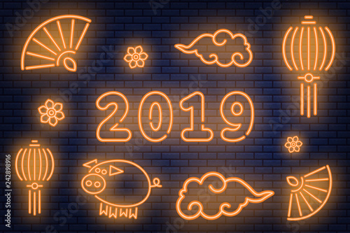 With the new 2019 year of the Pig set in neon style. Vector illustration EPS 10.