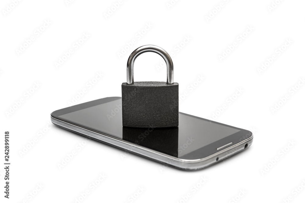 Closed padlock on smartphone. Isolated on white. Closed padlock on smartphone. Isolated on white.