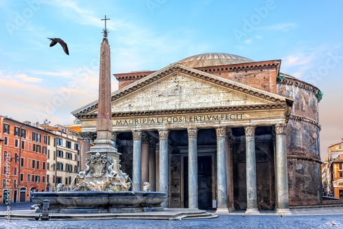 Roman Pantheon and the fountain morning view, no people