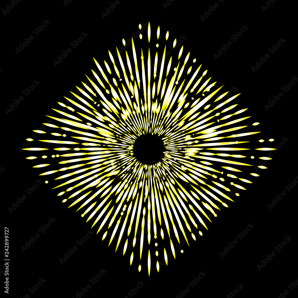 Obraz premium Rays of halo in shape of square or rhombus light and fire flakes rays isolated on black. Art tattoo reference. Gold symbol of religion pride and glory. Angel and saints star burst nimbus. Vector.