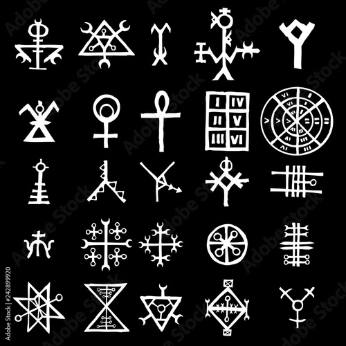 Wiccan symbols imaginary cross symbols, inspired by antichrist pentagram and witchcraft. Vector.