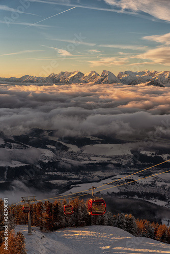 Snowy Austrian Mountain Range Ski Lift Copy Space Resort Landscape Clouds Snow Caps