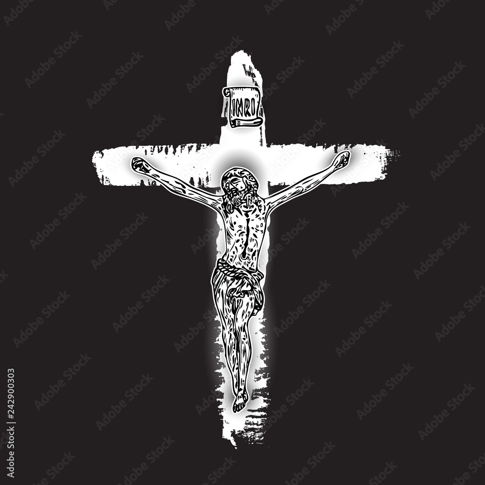 Jesus Christ crucifixion on hand painted ink brush cross on black 