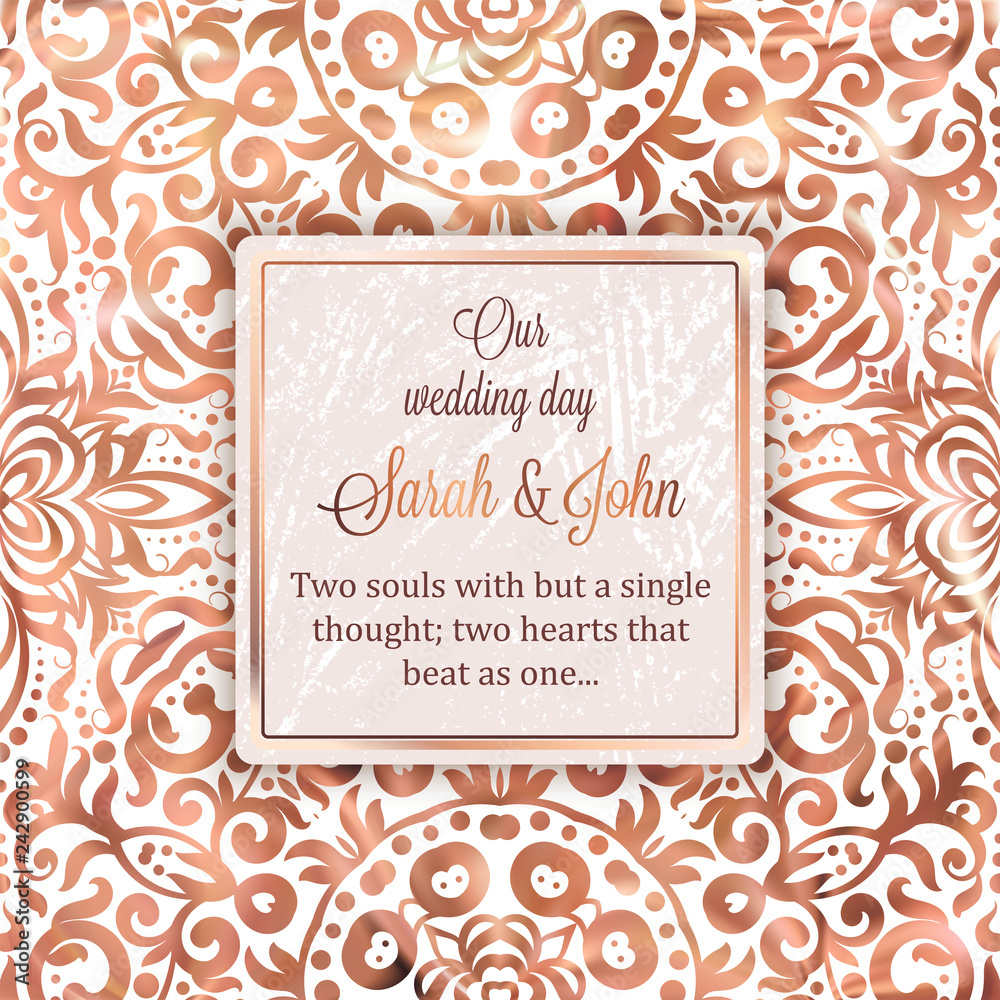 Rose Gold Wedding Invitation card template design with damask pattern on silky background. Lacy intricate textile effect Rose Gold Wedding Invitation card template design with damask pattern on silky background. Lacy intricate textile effect