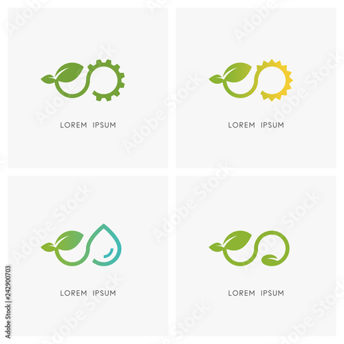 Infinity nature logo set. Plant or sprout with green leaves and gear wheel, sun, drop of water and seed symbol - ecology and industry, agriculture, environment and eternal life vector icons.