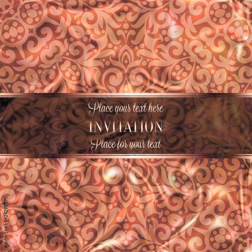 Rose Gold Wedding Invitation card template design with damask pattern on silky background. Lacy intricate textile effect