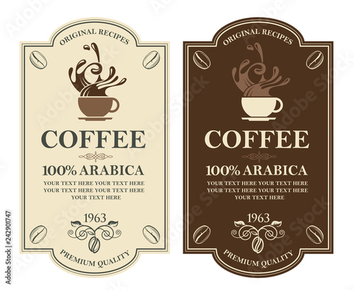 collection of coffee labels with branch, beans and cup