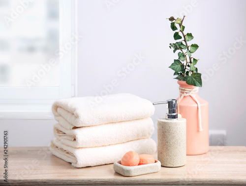 Body wash concept,stack of terry towels.