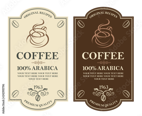 collection of coffee labels with branch, beans and cup