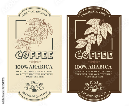 collection of coffee labels with branch, beans and cup