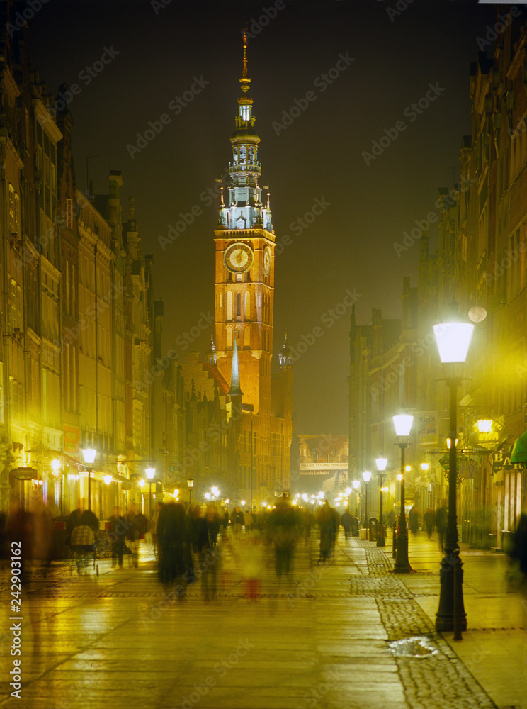 Night at medieval Long Market street (Dlugi Targ) in Gdansk. Poland - March, 2005