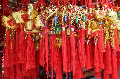 Chinese Gold Lucky Charm with Red Tassel for Good Luck