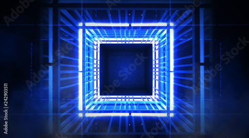 Neon cube tunnel. Blue abstract background. 3D Rendering