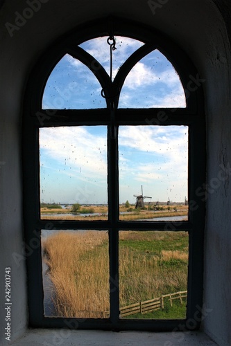 Kinderdijk  Netherlands. View through the window of a windmill in the Dutch UNESCO World Heritage Site.