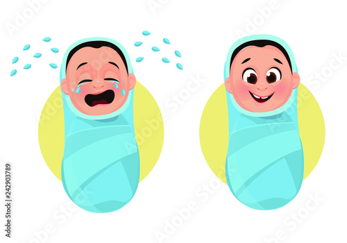 The baby cries and calm, happy baby. Baby in diapers. Vector illustration