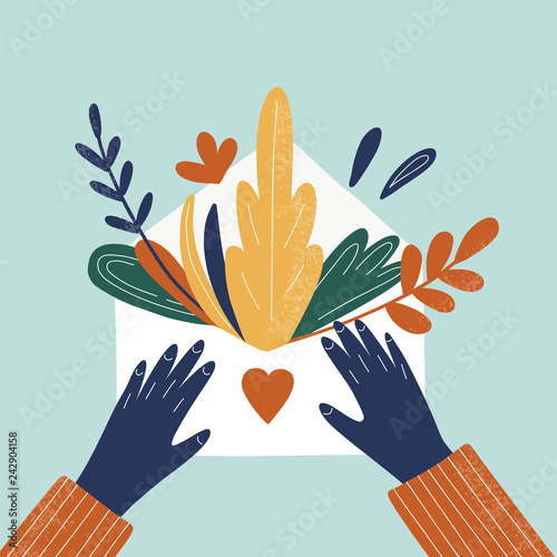 Hands holding letter with flowers and plants vector hand drawing print