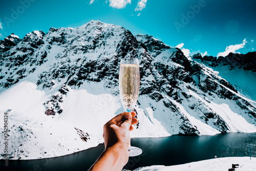 Snow Ski Luxury Resort & Blue Crystal Background. Winter Plateau, Austria. Snowboarding in Winter Holidays. Adventure. Snow Mountain Alps from Peak. Winter Ski. Snow Champagne Background Mountain.
