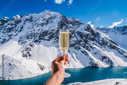 Snow Champagne Background Mountain. Snow Ski Luxury Resort & Blue Crystal Background. Winter Plateau, Austria. Snowboarding in Winter Holidays. Adventure. Snow Mountain Alps from Peak. Winter Ski