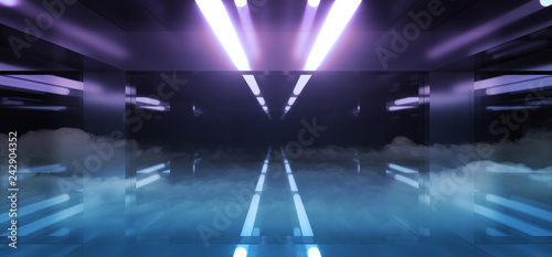 Fototapeta Naklejka Na Ścianę i Meble -  Futuristic Led Glowing Reflection Tunnel Room With Smoke And Fog Empty Space For Text Sci Fi Elegant Alien Ship Background Hi Tech 3D Rendering