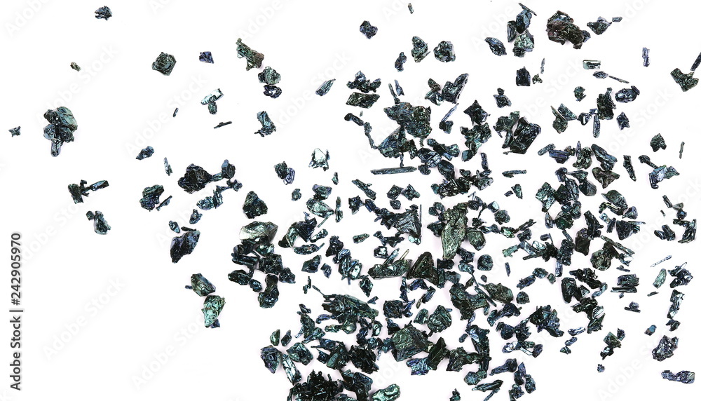 Obraz premium Potassium permanganate, purple and red minerals isolated on white background, crystal texture, top view