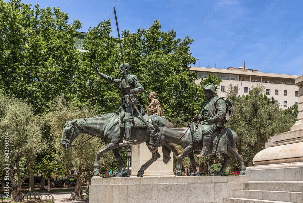 Madrid, Spain. Fragment of the Cervantes Memorial: sculptures of Don Quixote and Sancho Panza