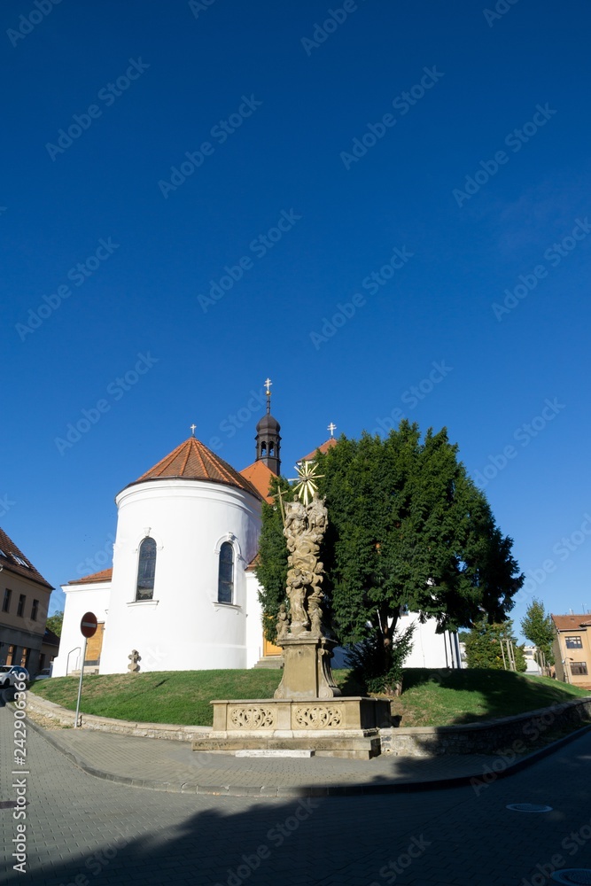 Brno, Czech Republic - Sep 12 2018:  Church of Saint Giles and the statues in front of it in the Brno - Lisen city. Brno, Czech Republic