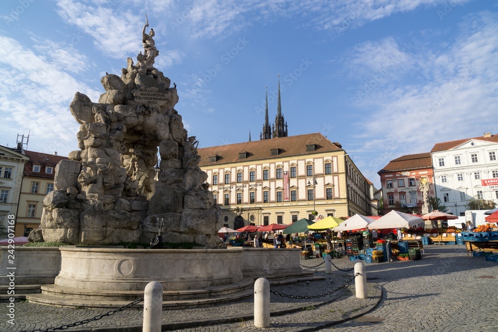 Fototapeta premium Brno, Czech Republic - Sep 12 2018: Baroque Parnas Fountain in the center of Brno city. Czech Republic