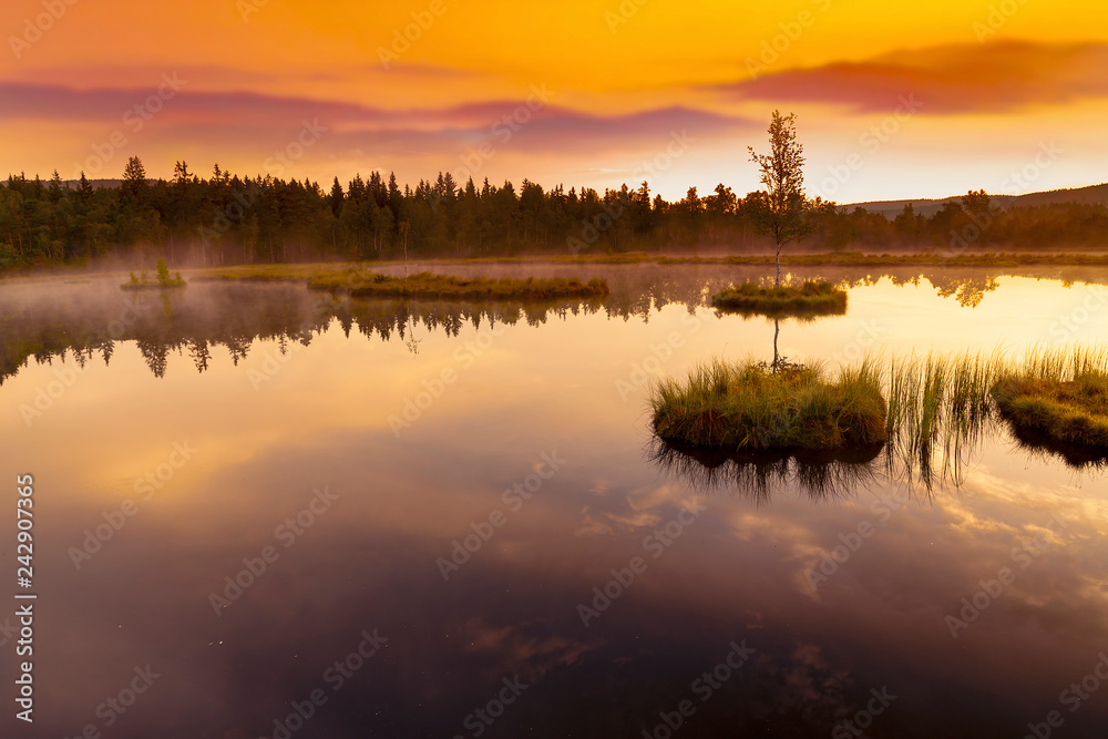  Mountain Lake Laka in Sumava national park in Czech republic. Sunset sky.