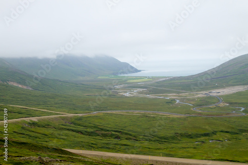 Mjoifjordur rural landscape, east Iceland. Icelandic panorama photo