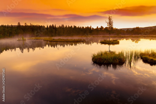  Mountain Lake Laka in Sumava national park in Czech republic. Sunset sky. © martinlisner