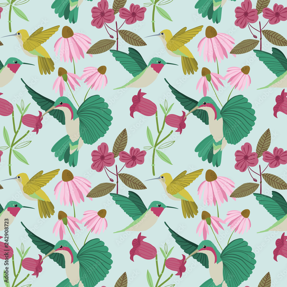 Vector colorful hummingbirds seamless pattern on light blue background.