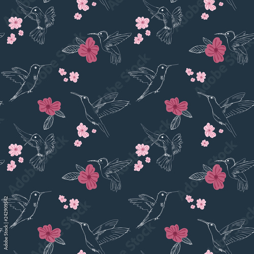 Wallpaper Mural Vector white sketchy hummingbirds seamless pattern on dark navy background. Torontodigital.ca
