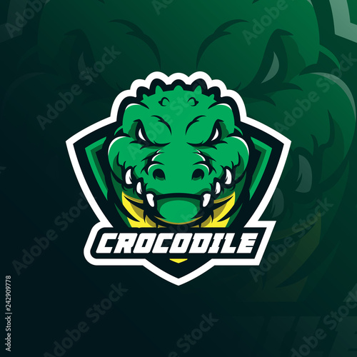 crocodile mascot logo design vector with modern illustration concept style for badge, emblem and t shirt printing. head crocodile illustration with shield.
