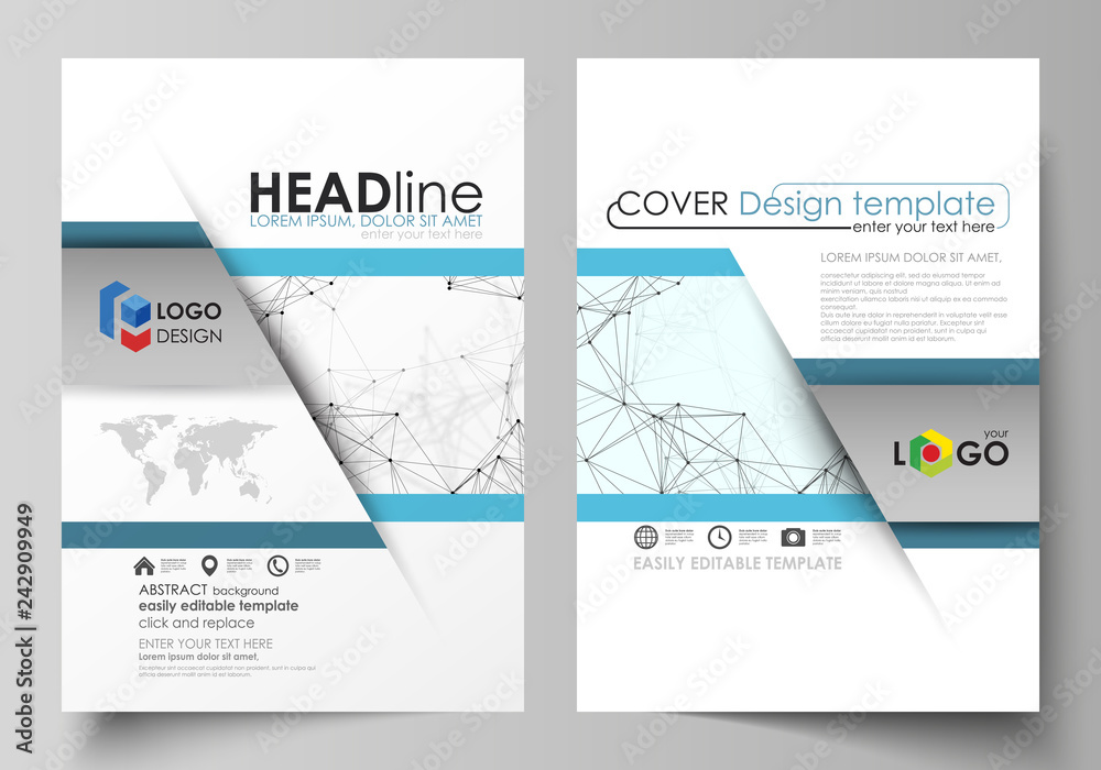 Business templates for brochure, flyer, booklet, report. Cover design template, vector layout in A4 size. Chemistry pattern, connecting lines and dots, molecule structure on white, graphic background.