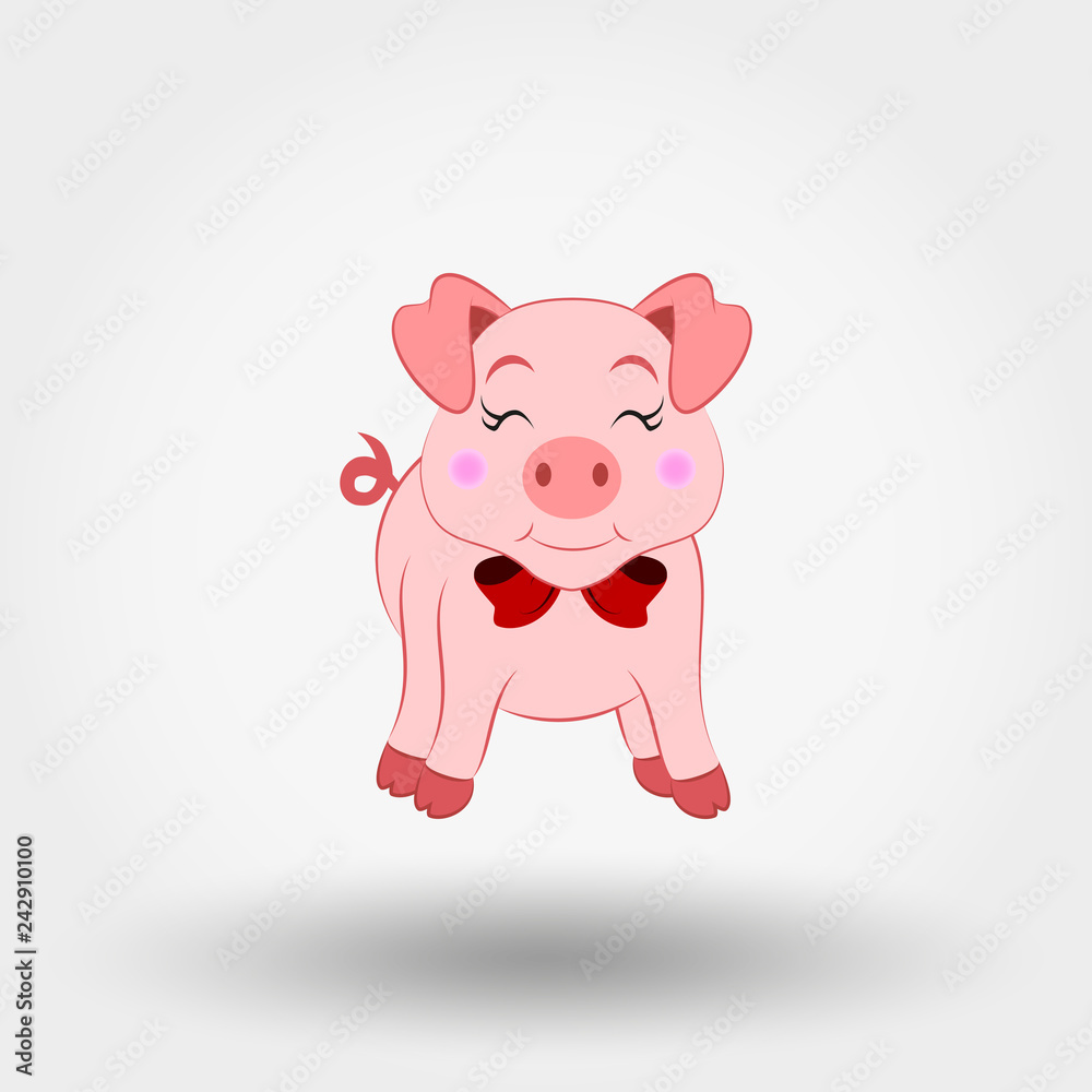 Pig with red bow. Icon. Vector illustration. Flat design