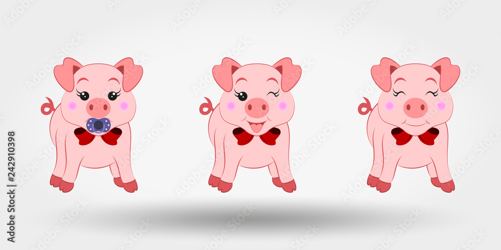 Obraz premium Pigs with red bows. Set. Icon. Vector illustration. Flat design