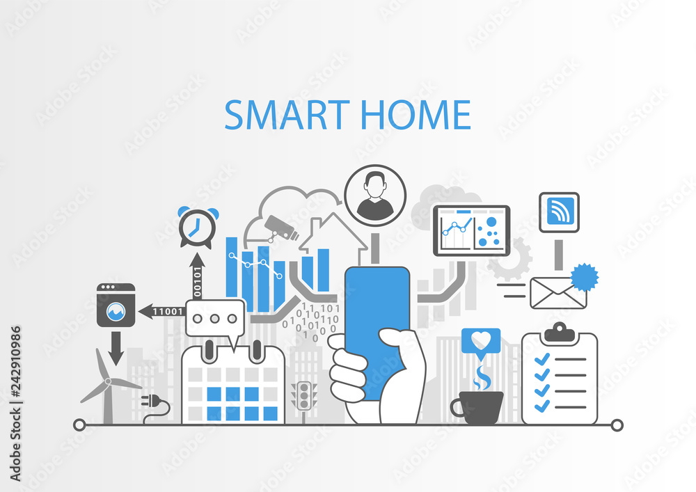 Smart home concept with hand holding modern bezel free smart phone