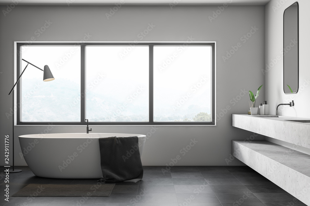 Fototapeta premium White bathroom interior, tub and double sink