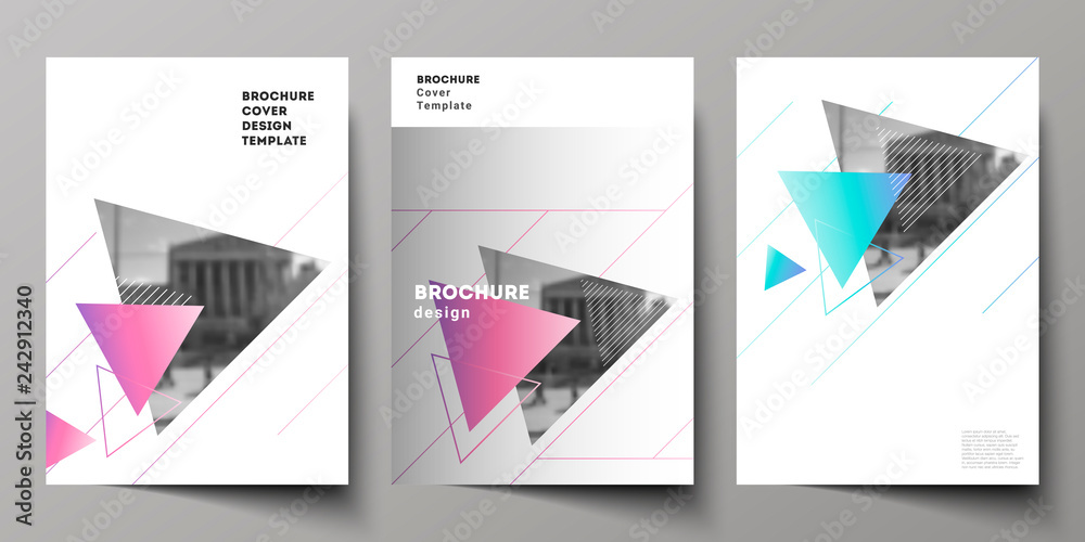 The vector layout of A4 format modern cover mockups design templates for brochure, magazine, flyer, booklet, annual report. Colorful polygonal background with triangles with modern memphis pattern. The vector layout of A4 format modern cover mockups design templates for brochure, magazine, flyer, booklet, annual report. Colorful polygonal background with triangles with modern memphis pattern.