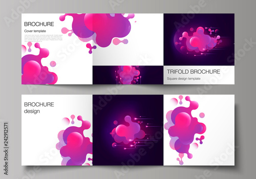 The black colored minimal vector layout. Modern creative covers design templates for trifold square brochure or flyer. Black background with fluid gradient, liquid pink colored geometric element.