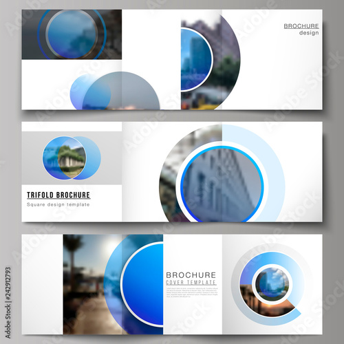 The minimal vector editable layout of square format covers design templates for trifold brochure, flyer, magazine. Creative modern blue background with circles and round shapes.