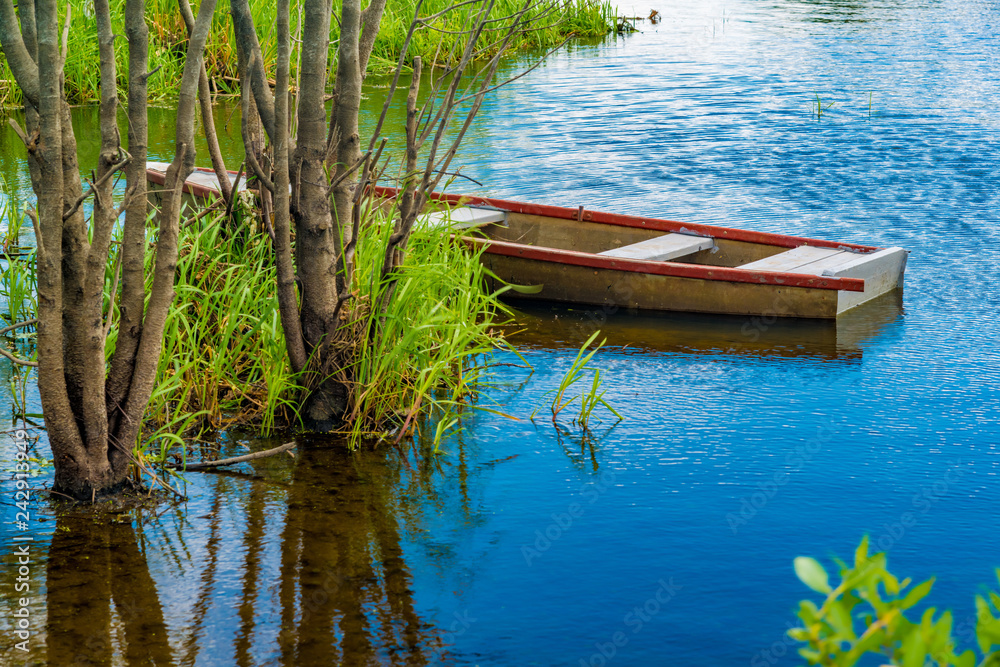 Boat on the river near the shore. Sunny day, flat river in summer. Boat on the river near the shore. Sunny day, flat river in summer.