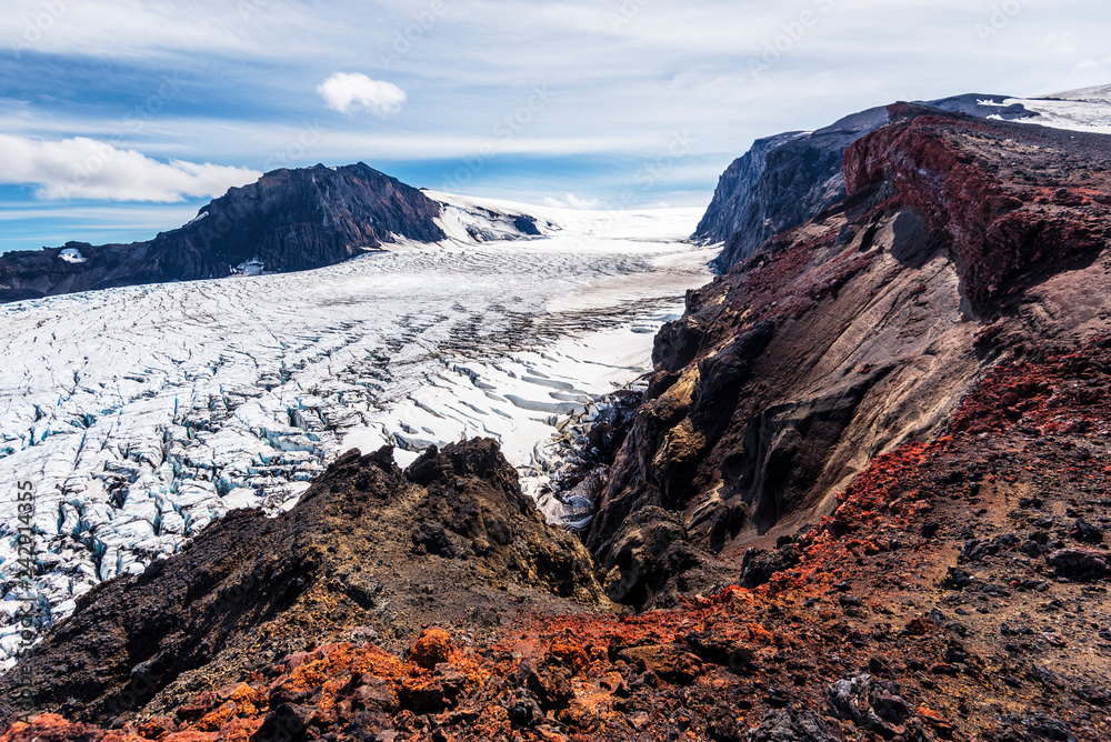 Landscape of  Volcanic rocky slope and and the glassier of Kverkfjoll massif in Vatnajokull National Park