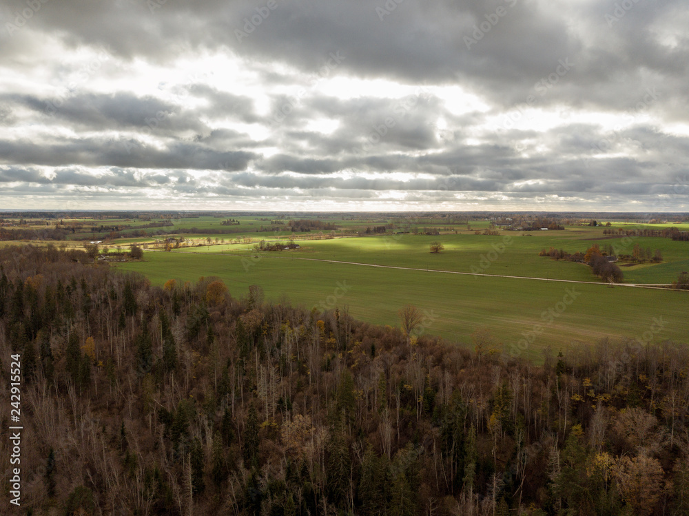 Obraz premium drone image. aerial view of rural area with snake river in forest
